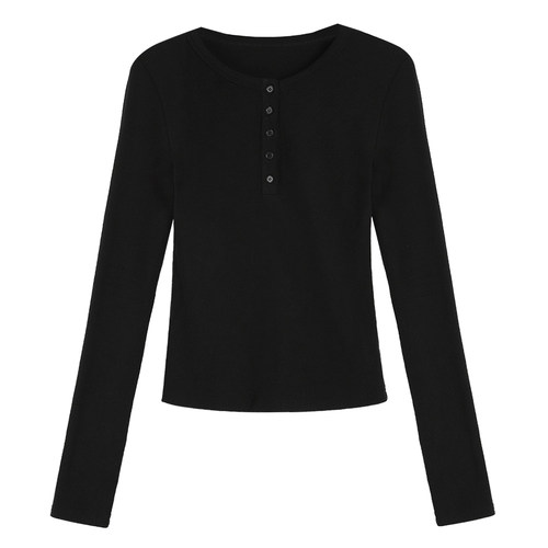 MULVAN 奶油可可 白色半开圆领针织t恤长袖修身内搭针织衫上衣女 - 图3