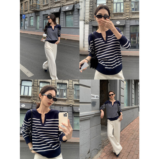 MULVAN ROW old money style striped v-neck sweater women's loose pullover sweater casual loose top