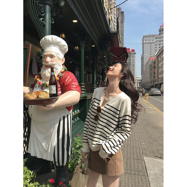 MULVAN ROW old money style striped v-neck sweater women's loose pullover sweater casual loose top