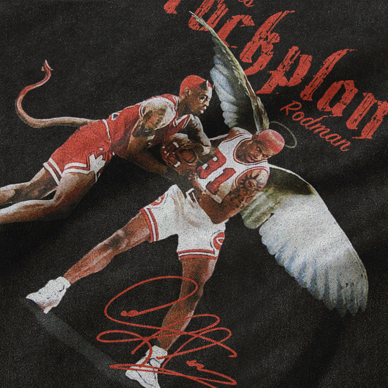 摇滚计划男装罗德曼复古印花短袖纯棉运动篮球衣重磅小领口T恤潮-图0