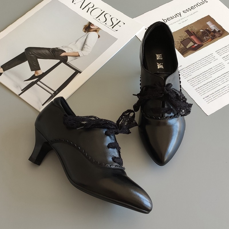 真皮尖头细跟女单鞋秋冬新款通勤优雅蕾丝系带花边深口中高跟单鞋,淘宝优惠券,粉丝福利购,淘宝优惠卷