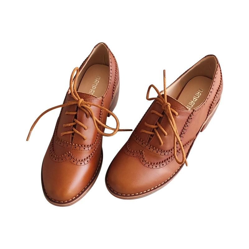 秋冬新款真牛皮英伦学院风小皮鞋复古布洛克圆头中粗跟深口女单鞋,淘宝优惠券,粉丝福利购,淘宝优惠卷