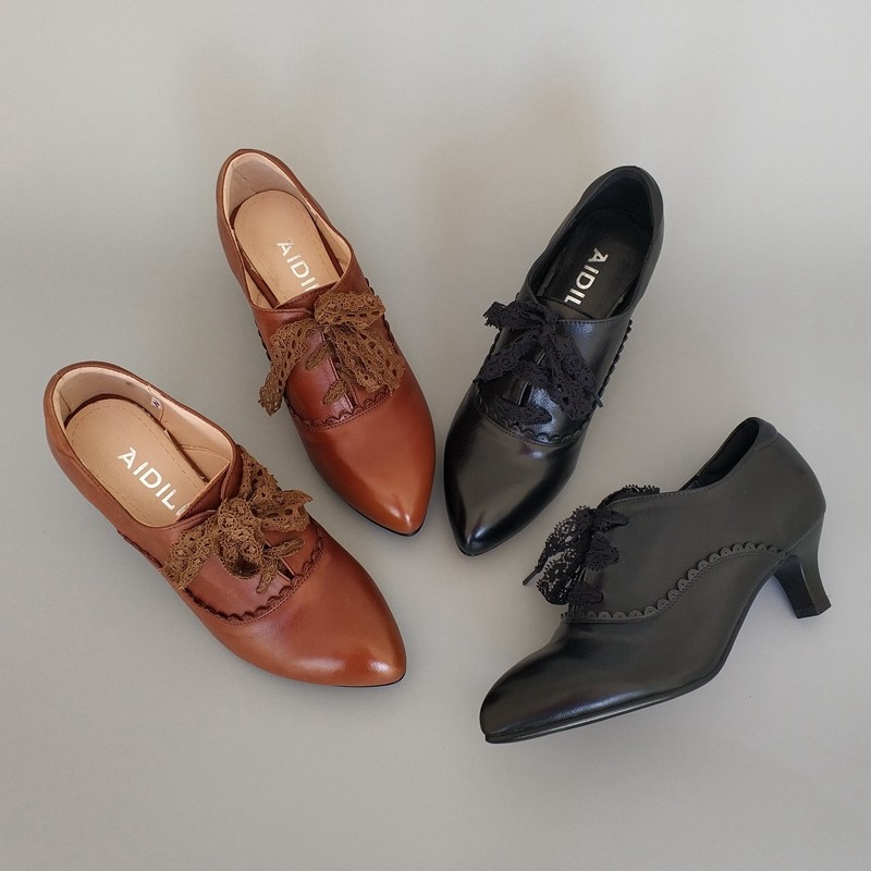 真皮尖头细跟女单鞋秋冬新款通勤优雅蕾丝系带花边深口中高跟单鞋,淘宝优惠券,粉丝福利购,淘宝优惠卷