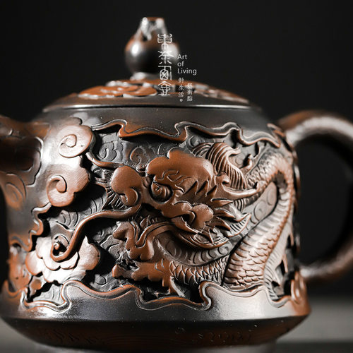 云南建水紫陶壶茶壶全手工深雕祥龙金钟壶功夫茶具陶制手作泡茶器 - 图1