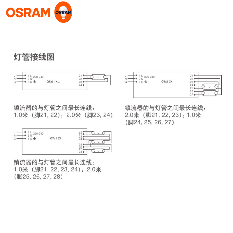 欧司朗QTZ5 14W21W28WT5荧光灯管电子镇流器一拖一一拖二 - 图2