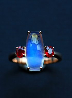 ◆清泉◆水晶馒头——克拉级蓝月光精镶红宝石美戒 （5.34克拉）