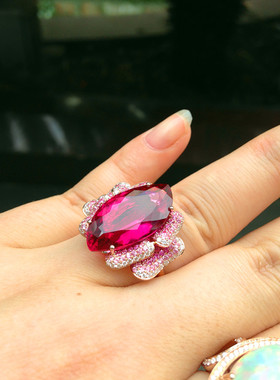 ◆盛放◆店主自戴！大颗粒艳绚红碧玺镶嵌彩宝花形美戒