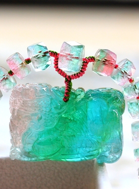 不惜代价呈现之美！蓝绿色粉色横向貔貅+红绿西瓜碧玺刻面款项链