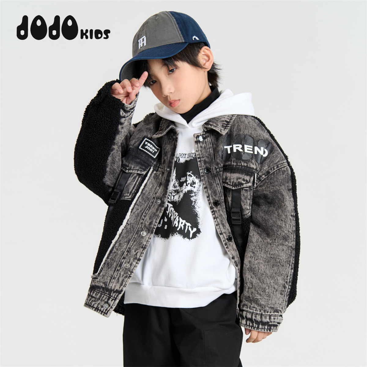 jojo童装男童冬季新款牛仔拼接棉外套儿童宽松个性长袖潮牌保暖酷,淘宝优惠券,粉丝福利购,淘宝优惠卷