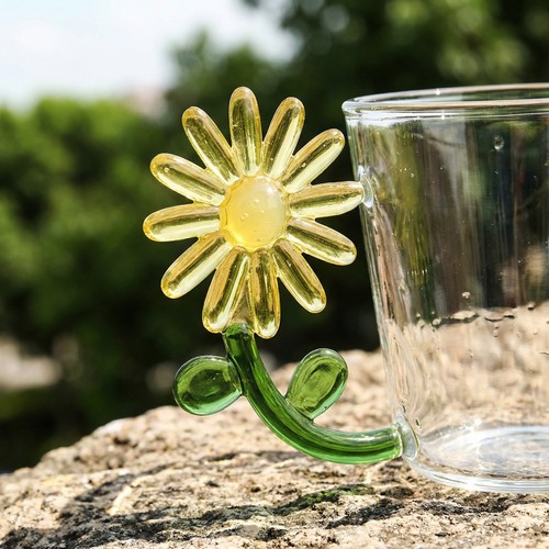 高颜值立体太阳花朵玻璃水杯带把手家用牛奶果汁杯子咖啡杯批家用 - 图2