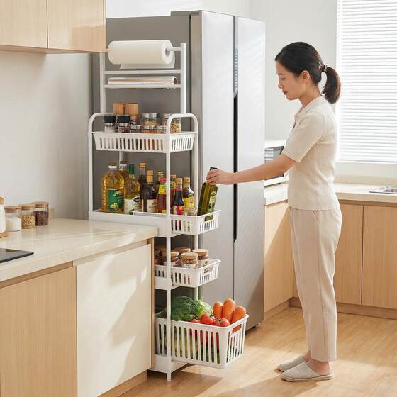 Refrigerator side storage shelves kitchen bathroom door behind
