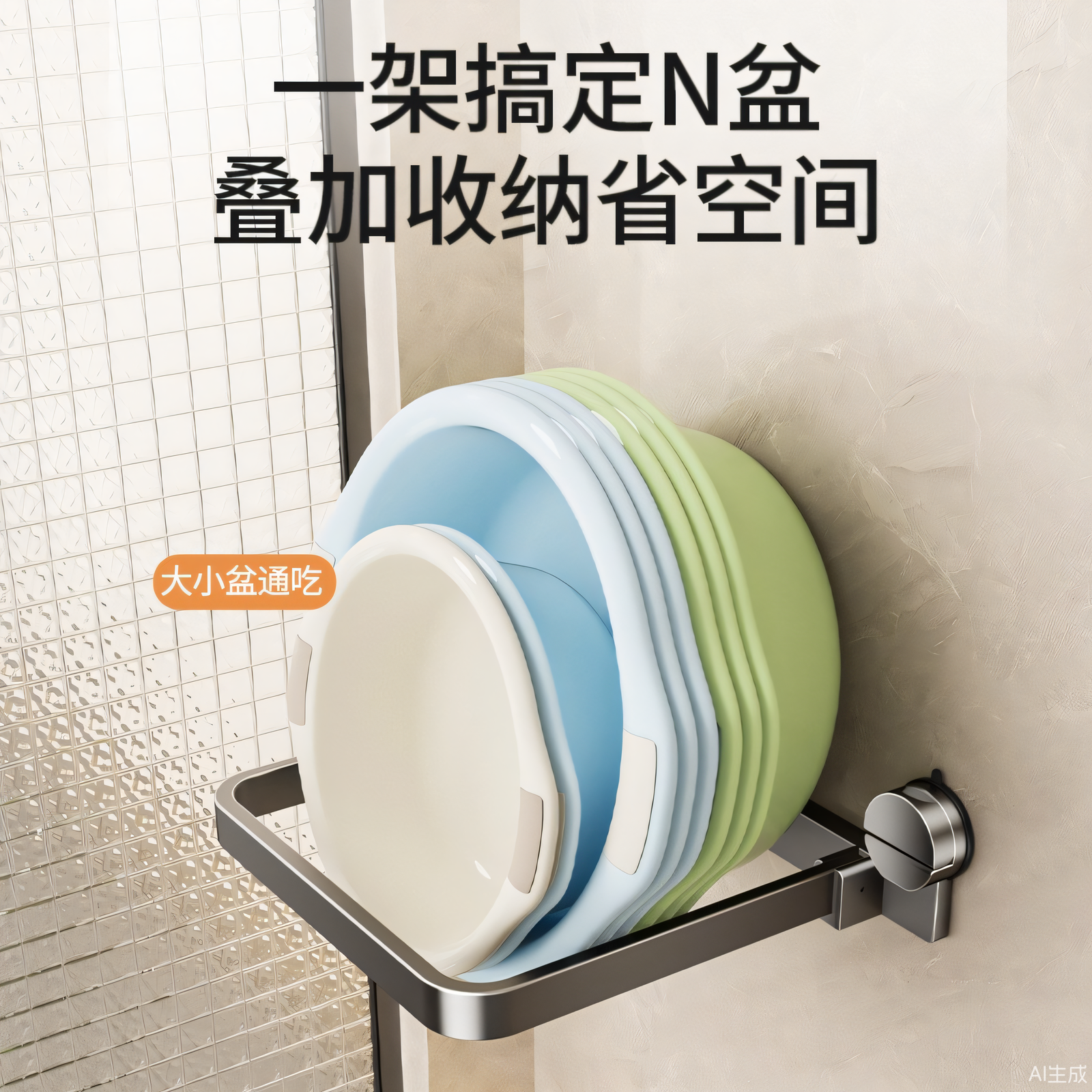 吸盘折叠脸盆架壁挂免打孔浴室置物架厕所洗澡盆子脚盆收纳沥水架,淘宝优惠券,粉丝福利购,淘宝优惠卷