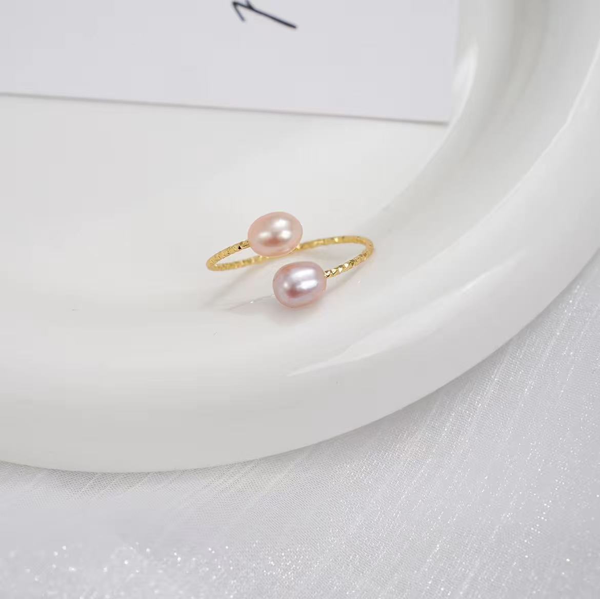 Natural freshwater pearls, strong light rice pearl ring for women, simple and versatile double beads, open rings elegant