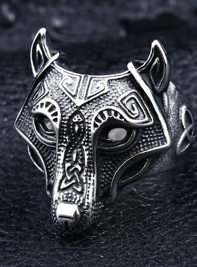 狼头戒指男潮嘻哈欧美黑曜石霸气