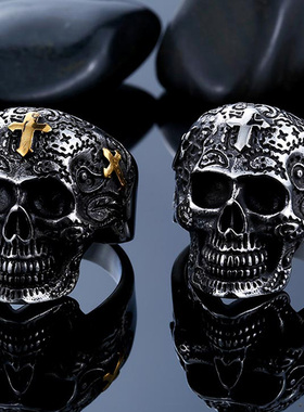 钛钢十字架骷髅戒指欧美复古朋克