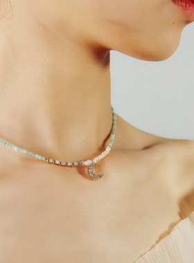 极细串珠短项链蓝调清新风小月亮