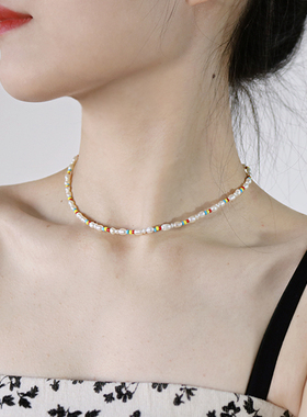 花季彩色小米珍珠短项链choker