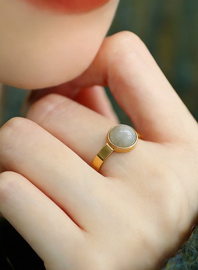 棕虎眼/灰月光石圆形戒面开口戒