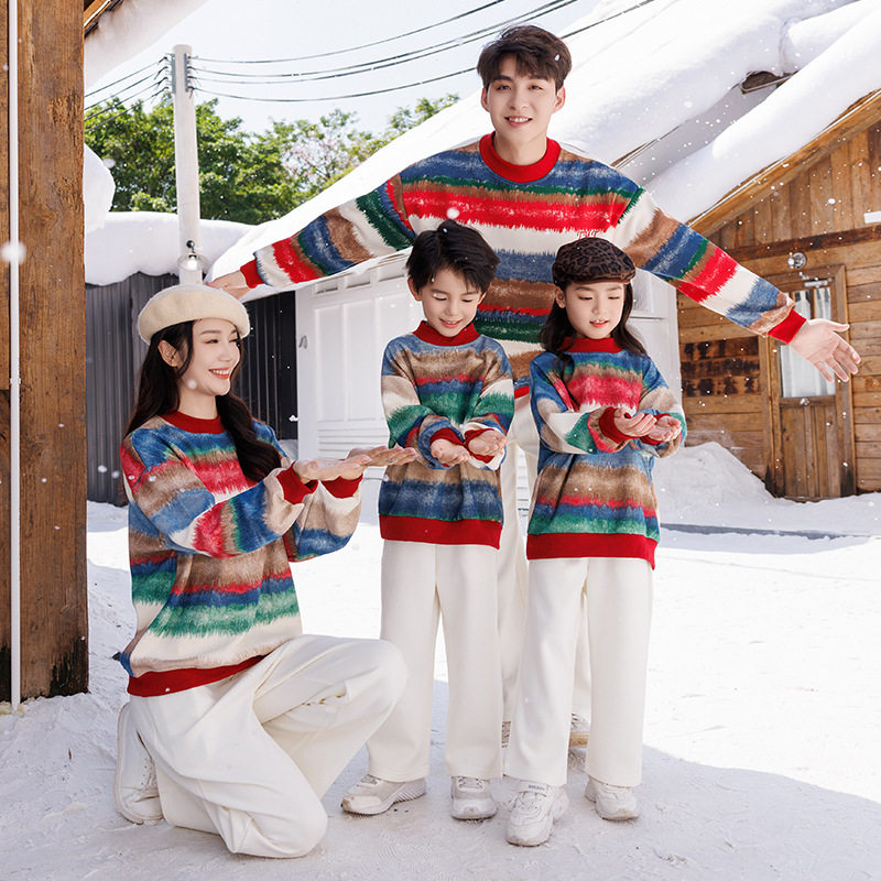 2025新款韩版撞色加绒卫衣亲子装秋冬款彩色加绒卫衣家庭装上衣潮,淘宝优惠券,粉丝福利购,淘宝优惠卷