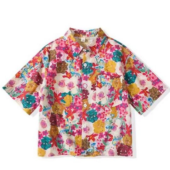 潮复古短袖花衬衫亲子装夏季粉色印花宽松设计感小众中大童装上衣