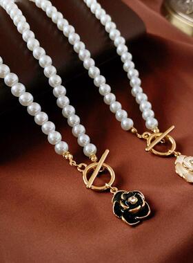 AA6203复古镶钻滴油山茶花OT扣珍珠项链高级感小众气质项饰女