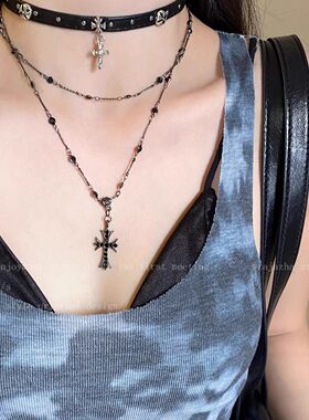 暗黑朋克！甜酷辣妹风十字架项链女y2k亚文化小众夸张锁骨链配饰