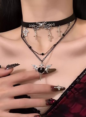 【虔诚信仰】暗黑辣妹十字架皮革项链万圣节锁骨链配饰