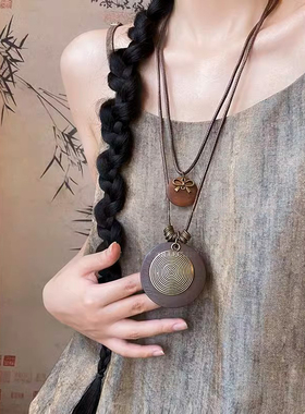 新中式禅意古铜羽毛项链复古波西米亚民族风双层叠戴长款毛衣链女