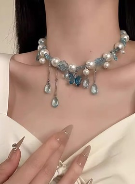 甜酷蓝色水晶蝴蝶项链小众珍珠项链时尚气质颈链choker小众锁骨链