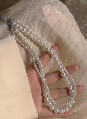 AA6095双层珍珠项链叠戴2024高级设计感轻奢小众复古颈链锁骨链