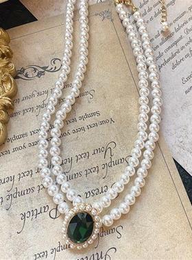 欧美古董宫廷风vintage复古气质椭圆绿色珍珠短款项链锁骨链女