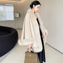 WJJ autumn and winter female wool bifacial true fox fur collar fur cloak cloak gown dress with shawl jacket knot wedding