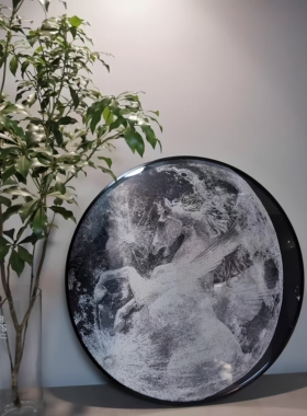 星月白马轻奢小众ins圆形挂画黑白现代风装饰画客厅沙发玄关壁画