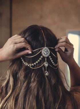 Rhinestone Headchain Layered Headband Tassel Wedding Bride H