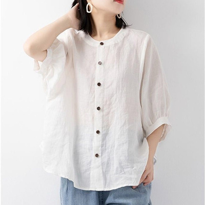 2024 Cotton And Linen Shirt Women's Lantern Sleeve Retro Lit - 图0