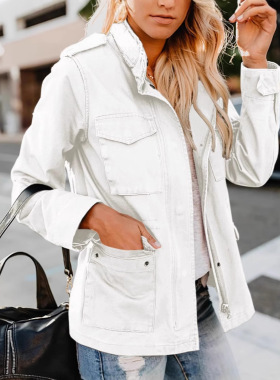 Women's Fashion Loose Zipper Multi-pocket Lapel Jacket Hoode