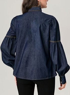 Feng 2026 Women's Fashion Lace-up Bow Denim Shirt