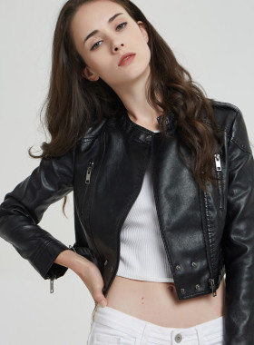 2026 Women's Short Slim Stand llar Women's Motorcycle Jacket