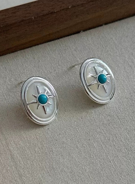 复古八芒星白贝母松石耳钉百搭小众绿松石简约通勤简约休闲款耳饰