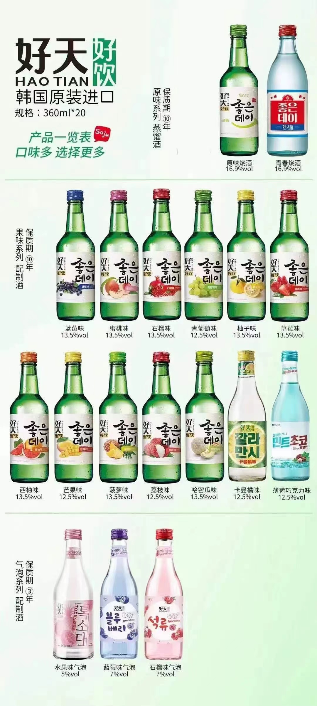 韩国原装进口好天好饮水果味汽泡酒气泡配制酒5度360ml单瓶装