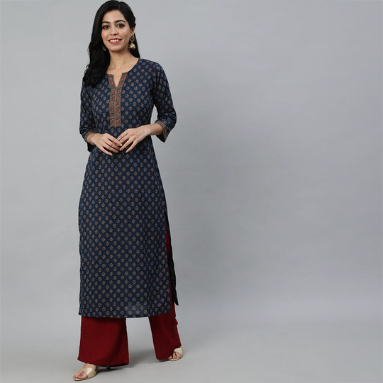 Индийская этническая одежда, женские длинные короткие темно-синие топы с принтом, рукава три четверти, тонкий длинный штапельный хлопок, одежда кута