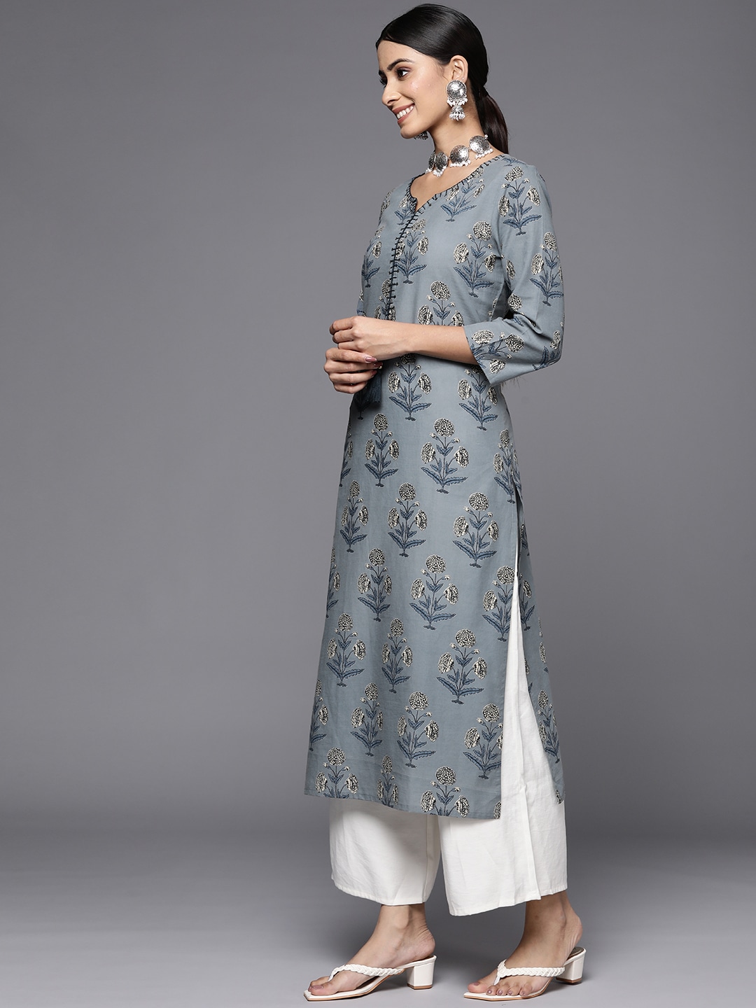印度传统服饰女民族风上衣日常纯棉花卉印花薄款中长款灰色-图0