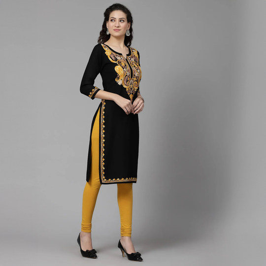 印度传统民族风服饰服装女绵绸刺绣春夏圆领黑亲肤中长款垂感上衣