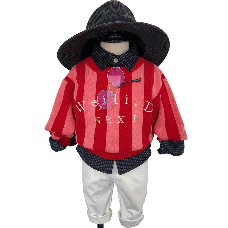 春秋男女童春节喜庆红色毛衣细毛线不起球圆领套头弹性条纹线衫,淘宝优惠券,粉丝福利购,淘宝优惠卷