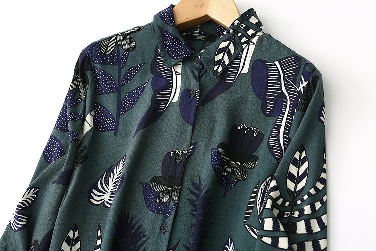 外贸纯元 法式复古印花长袖粘纤连衣裙前排扣衬衫中长裙出口女装 - 图0