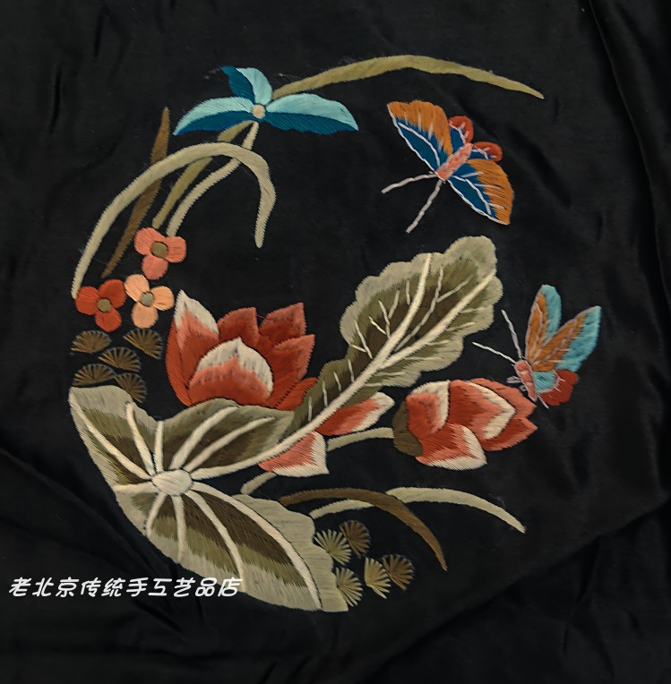 荷花莲花蝴蝶清供图布料特色礼品手工绣品老绣京绣手工刺绣装饰画 - 图1