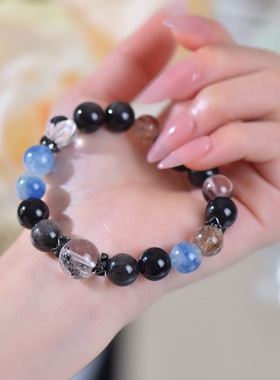 天然银曜石超七蓝晶石手链男女同款DIY手链