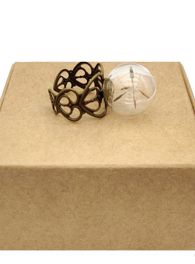 原创蒲公英玻璃球心型开口戒指