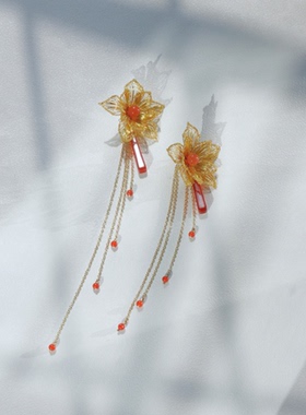 设计师原创耳饰金色流苏花朵长耳钉南红玛瑙汉服古风宫廷复古气质