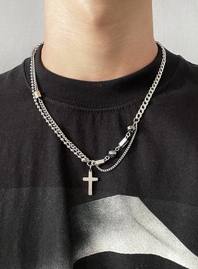 不掉色拼接十字吊坠双层项链